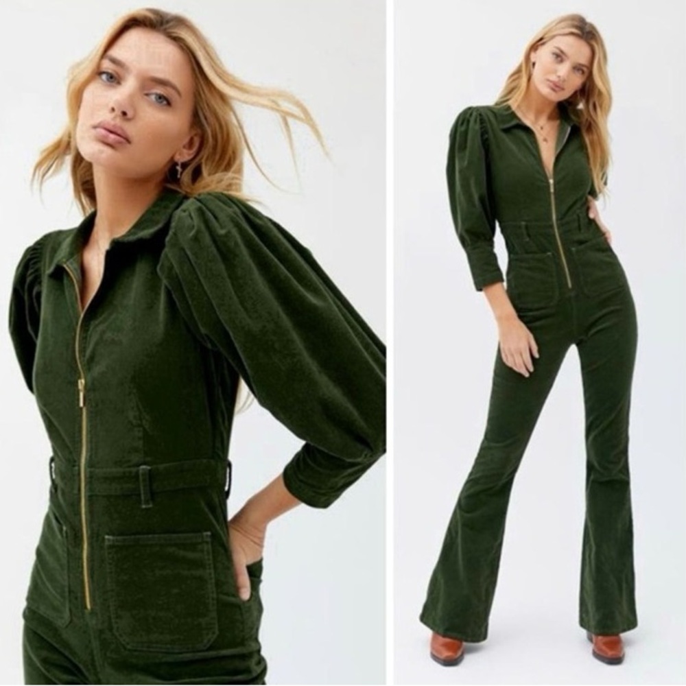 Weworewhat puff sleeve bell bottom Corduroy zipper Jumpsuit in Green